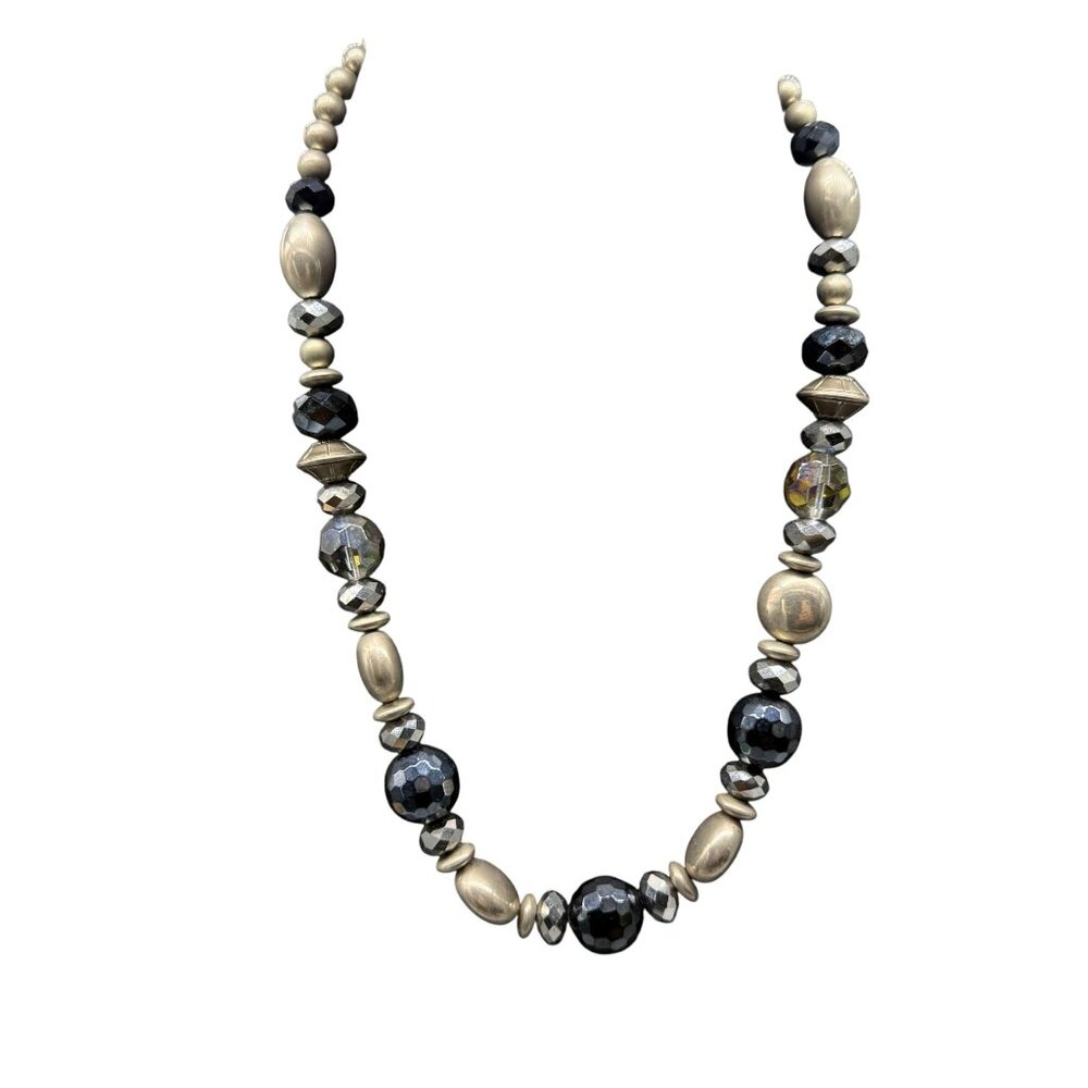 Gray Blue Ball Faceted Disco Beads Necklace Silver Tone Retro Night-Out Party